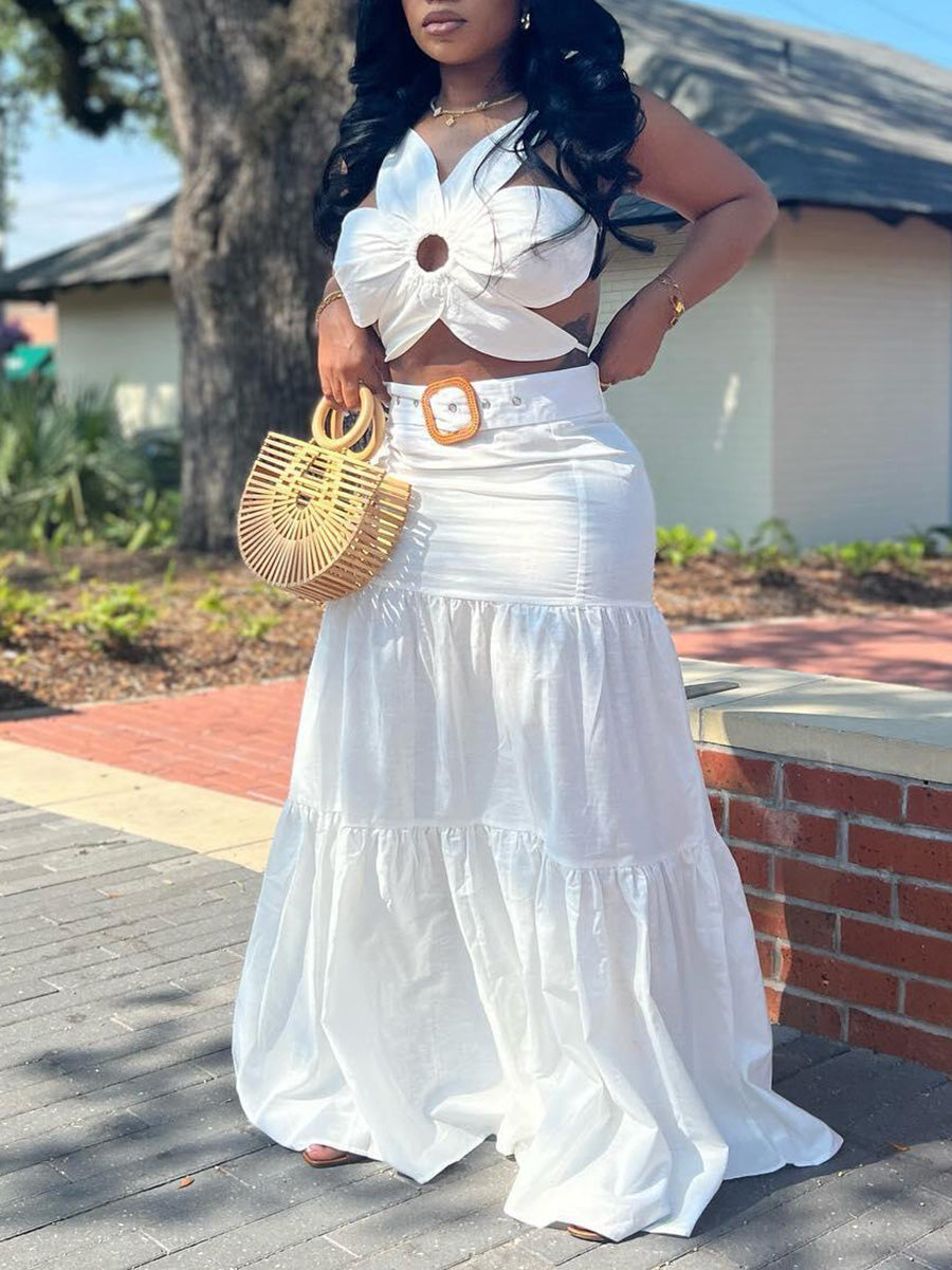 Two-Piece Petal Strap Top Belted Flared Skirt Set
