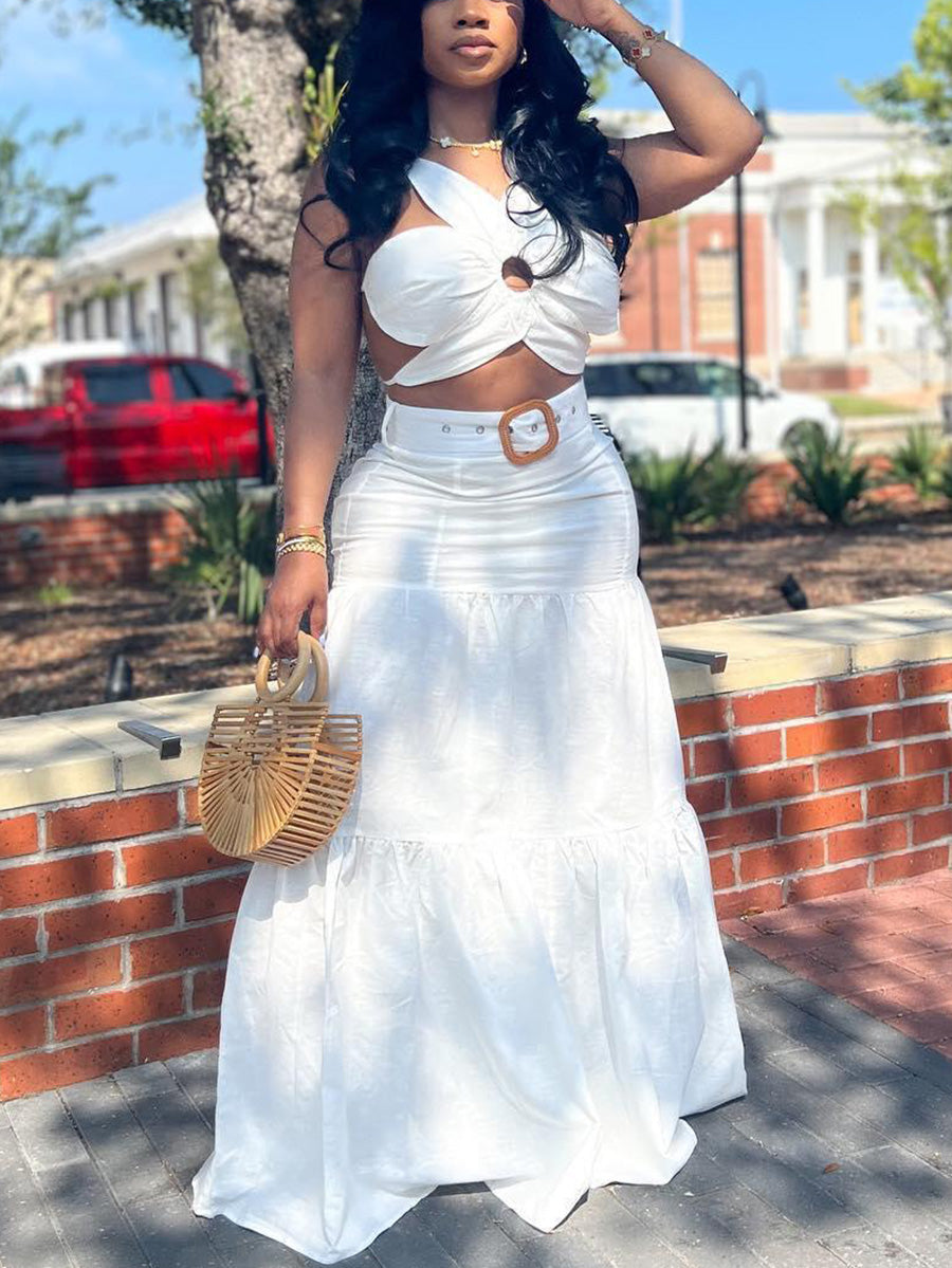 Two-Piece Petal Strap Top Belted Flared Skirt Set