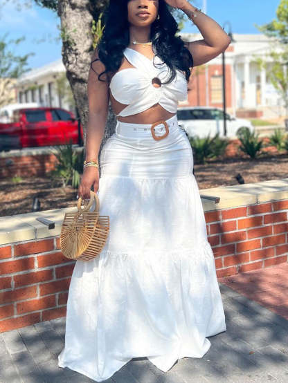 Two-Piece Petal Strap Top Belted Flared Skirt Set