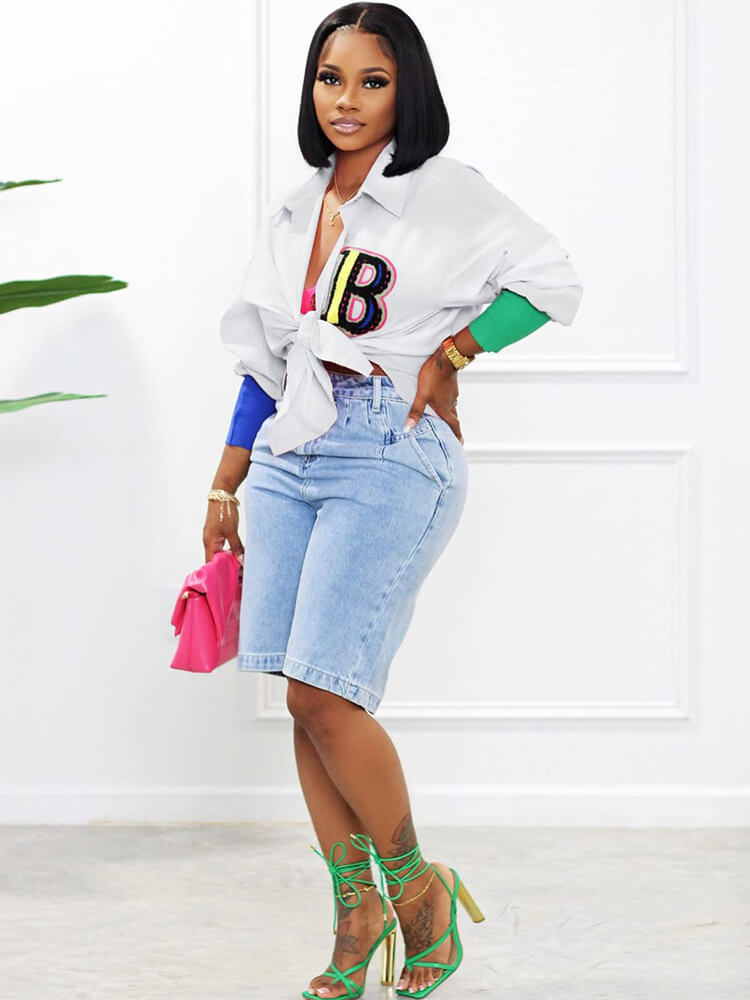 Color Block Letter Embroidery Button Down Shirts