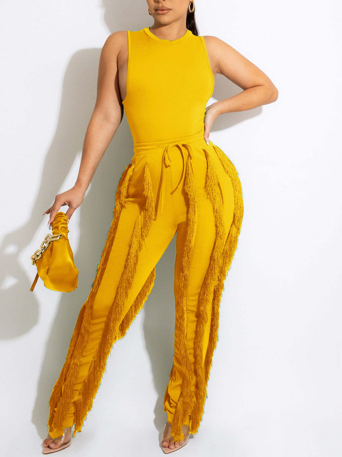 Two Piece Sleeveless Top Tassel Pants
