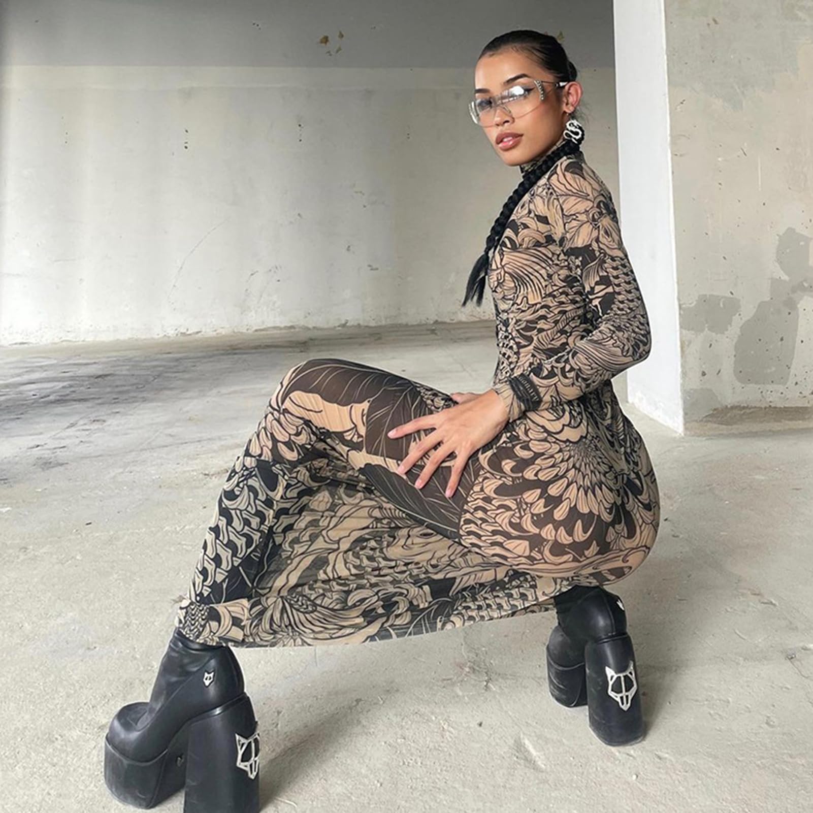 Mock Neck Mesh Print Maxi Dress