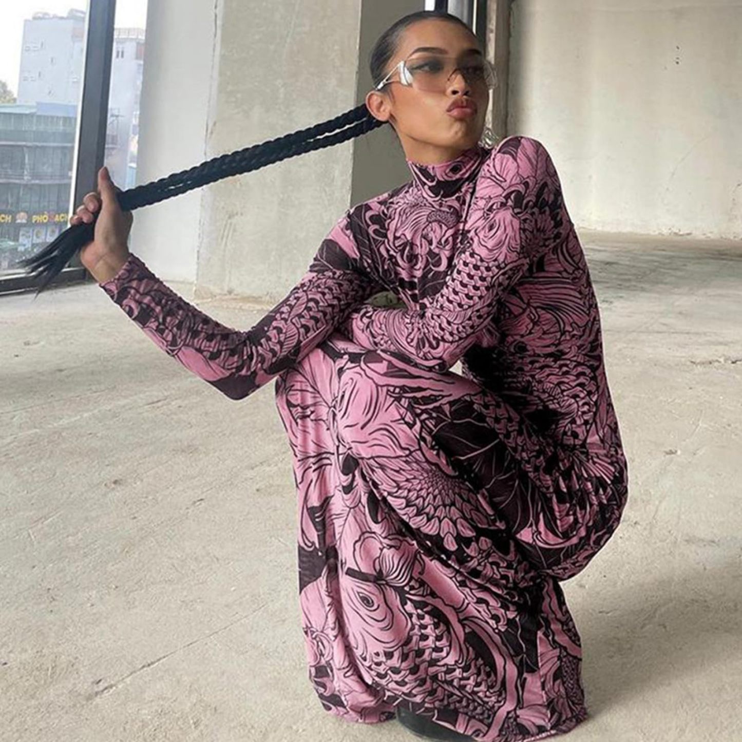 Mock Neck Mesh Print Maxi Dress