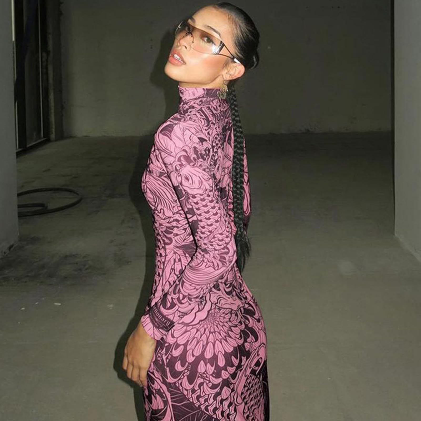 Mock Neck Mesh Print Maxi Dress