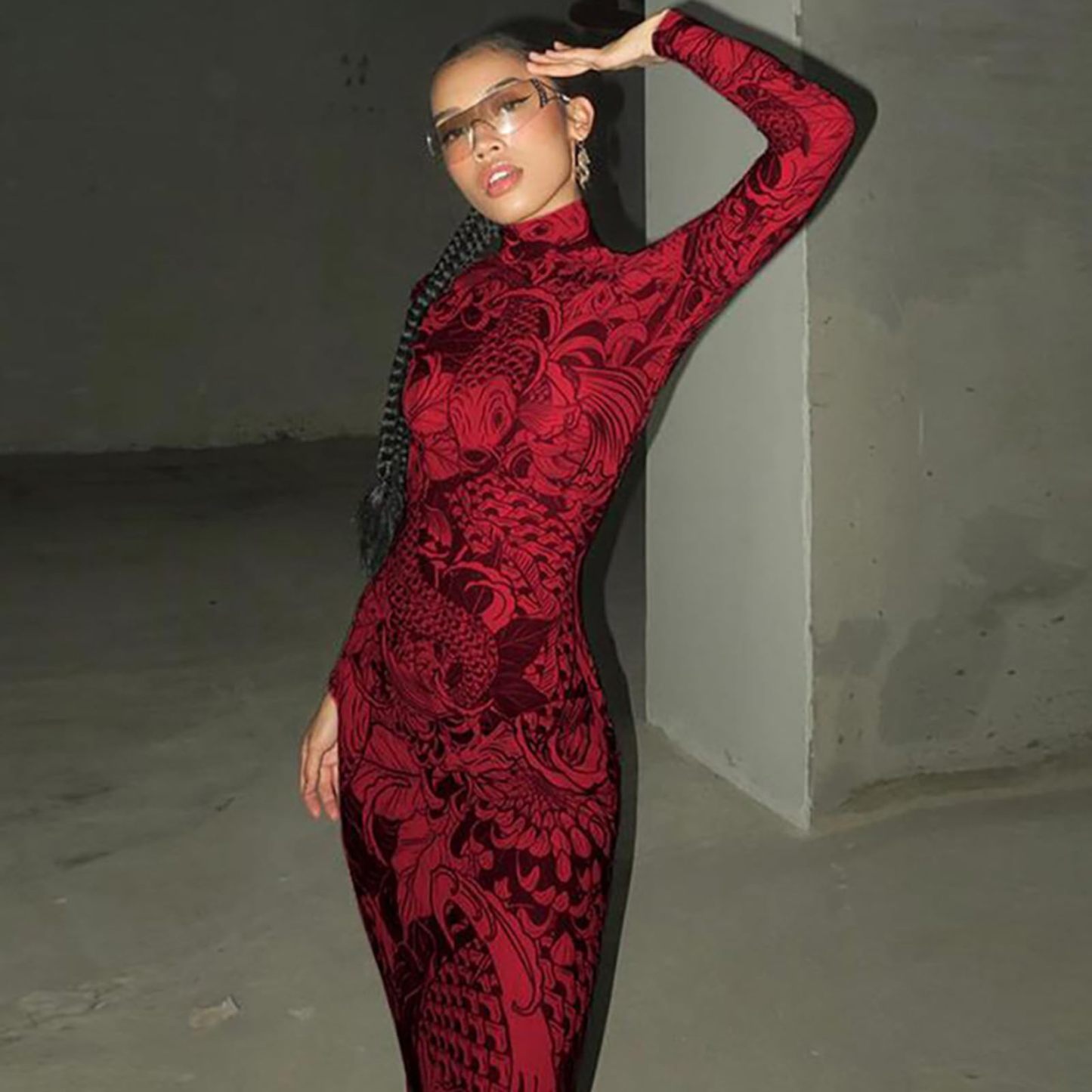 Mock Neck Mesh Print Maxi Dress