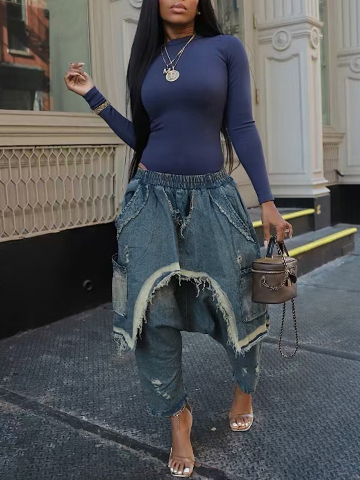 Distressed  Denim Harem Pants