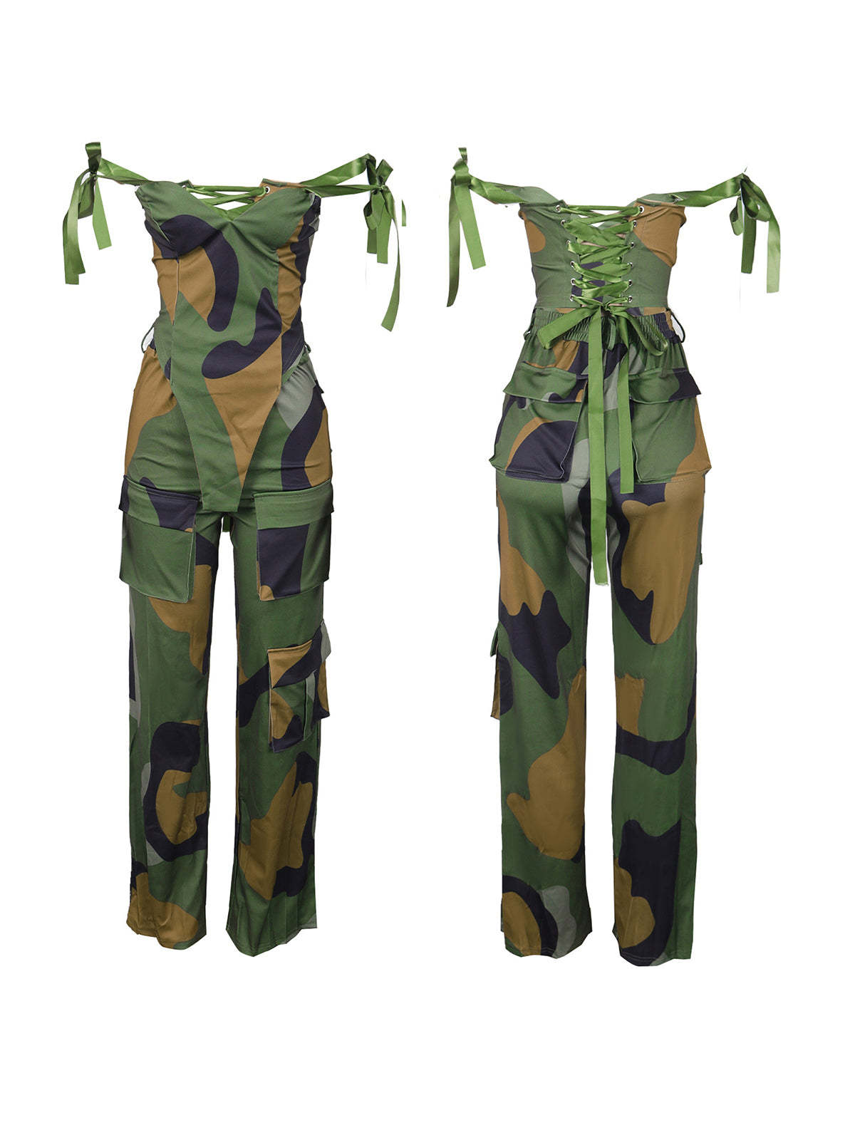 Two Pieces Print Lace-Up Cargo Pants Set
