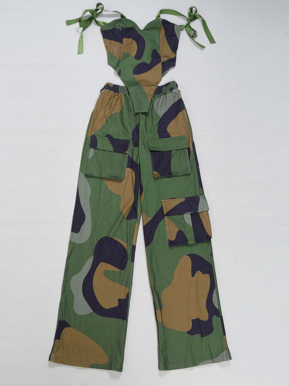 Two Pieces Print Lace-Up Cargo Pants Set