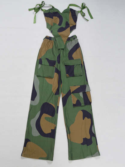 Two Pieces Print Lace-Up Cargo Pants Set