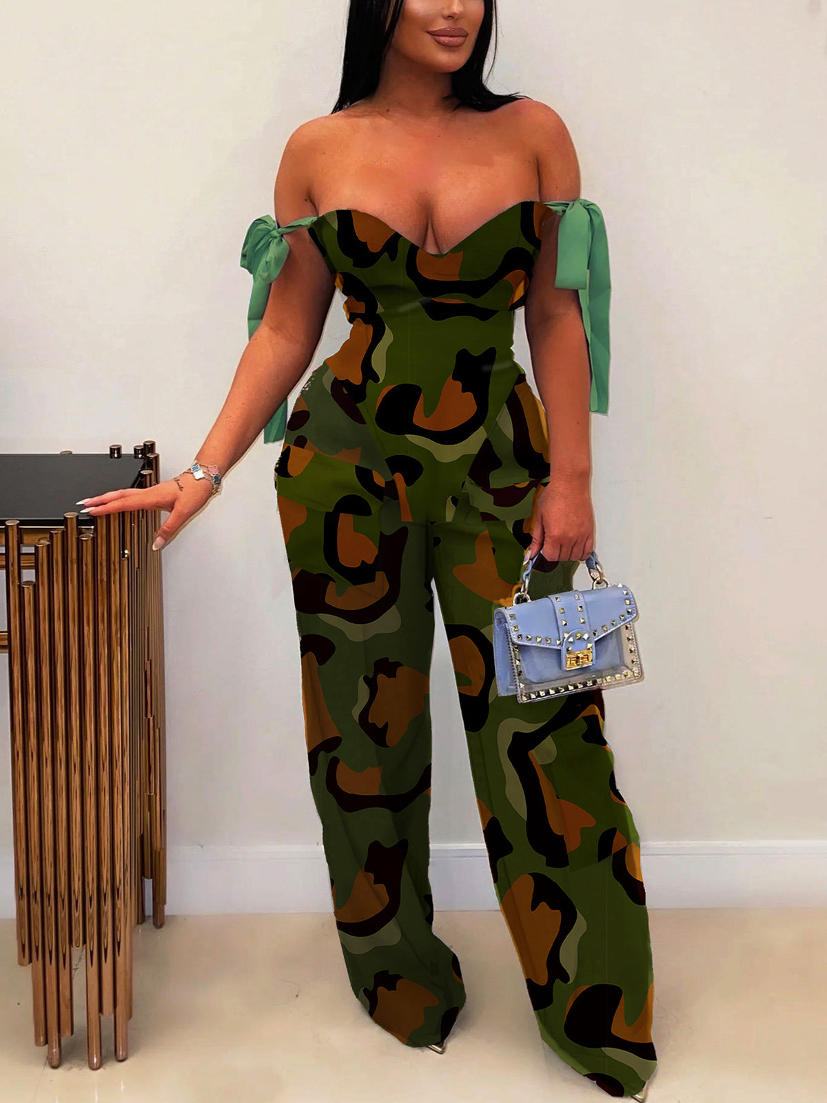 Two Pieces Print Lace-Up Cargo Pants Set