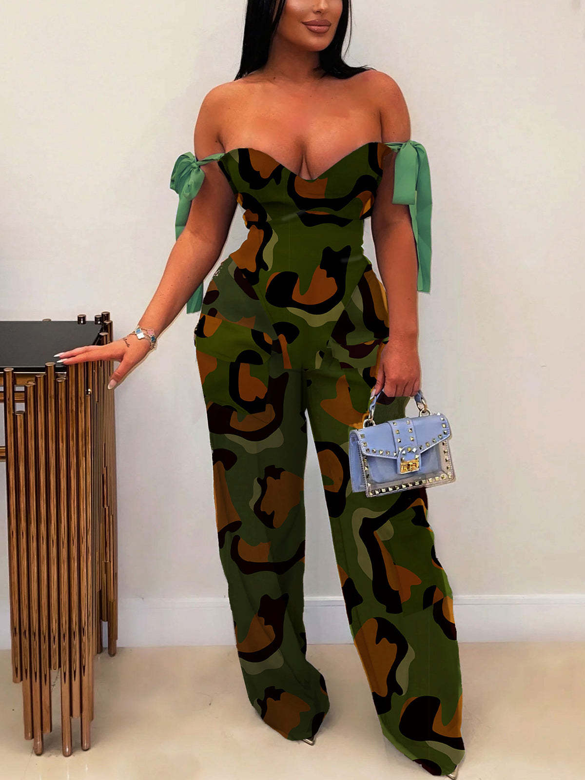 Two Pieces Print Lace-Up Cargo Pants Set