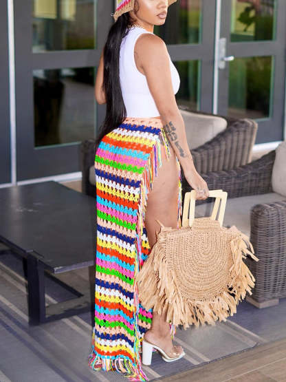 Tassel Slit Coverup Knit See Maxi Skirts