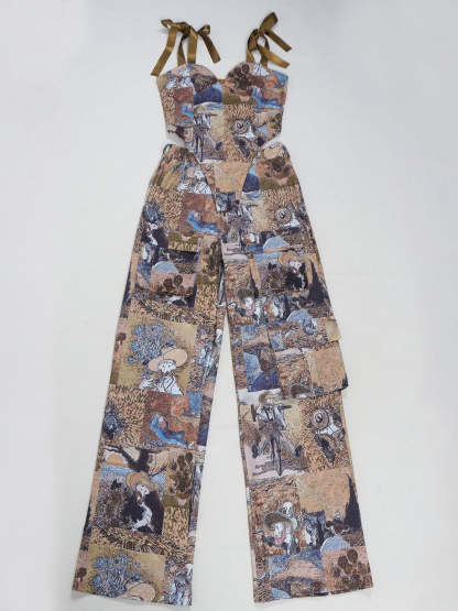 Two Pieces Print Lace-Up Cargo Pants Set