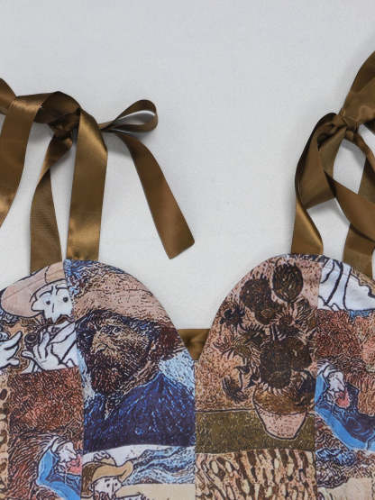 Two Pieces Print Lace-Up Cargo Pants Set