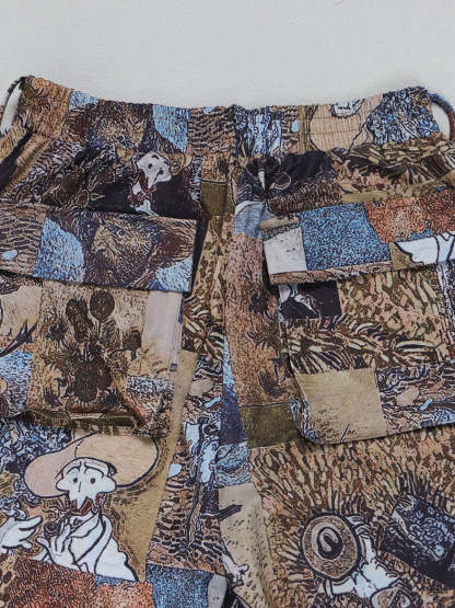 Two Pieces Print Lace-Up Cargo Pants Set