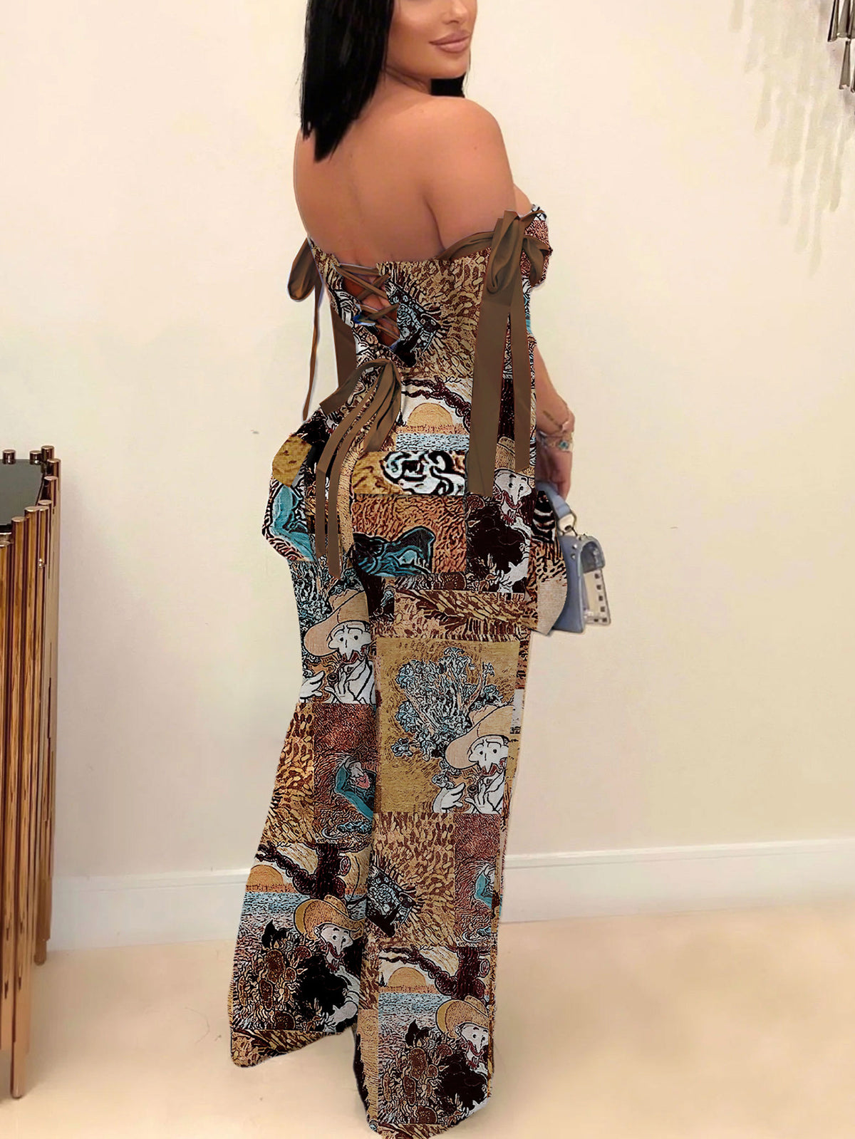 Two Pieces Print Lace-Up Cargo Pants Set