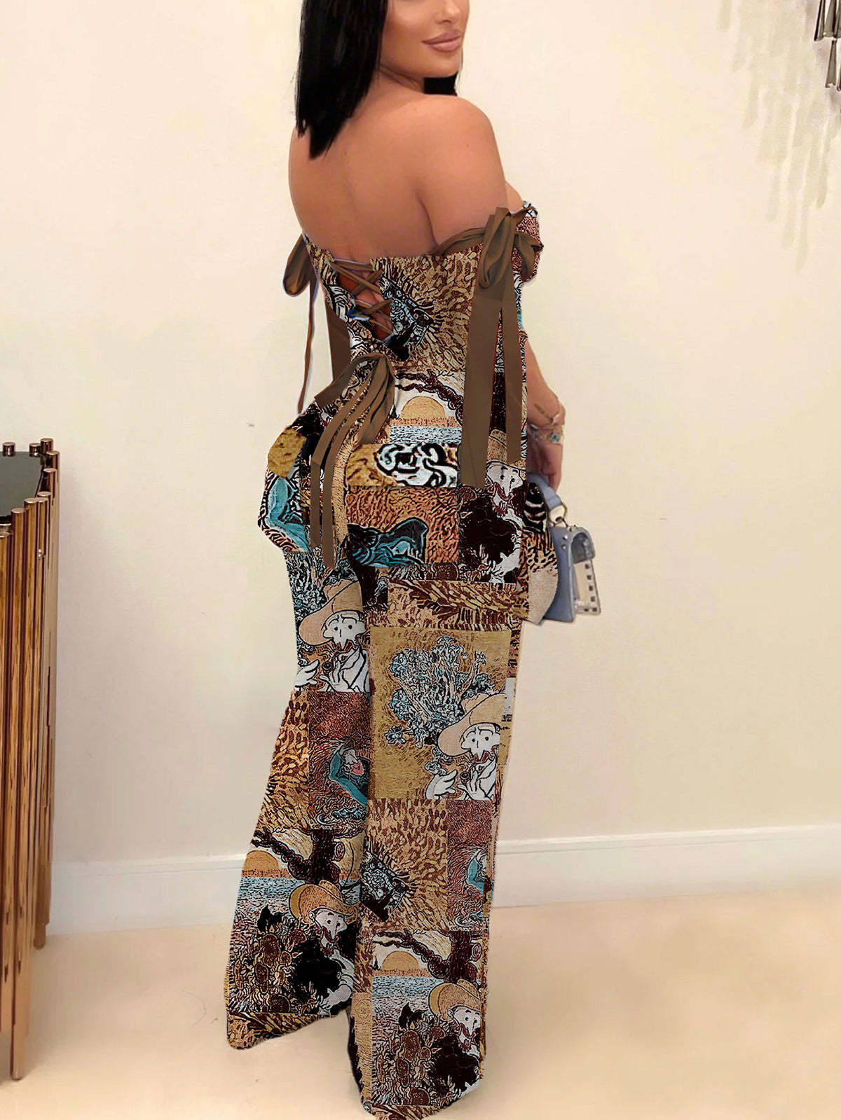 Two Pieces Print Lace-Up Cargo Pants Set