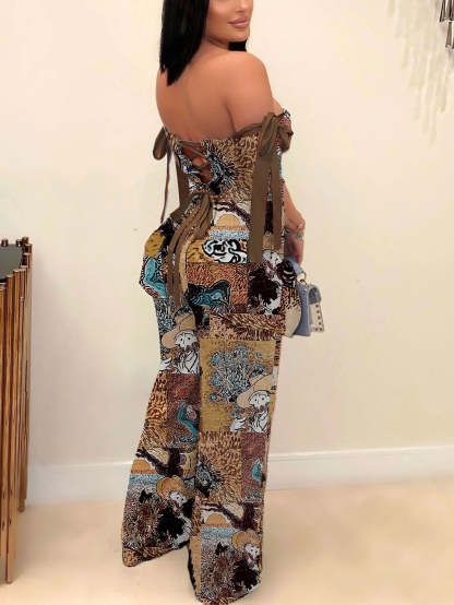 Two Pieces Print Lace-Up Cargo Pants Set