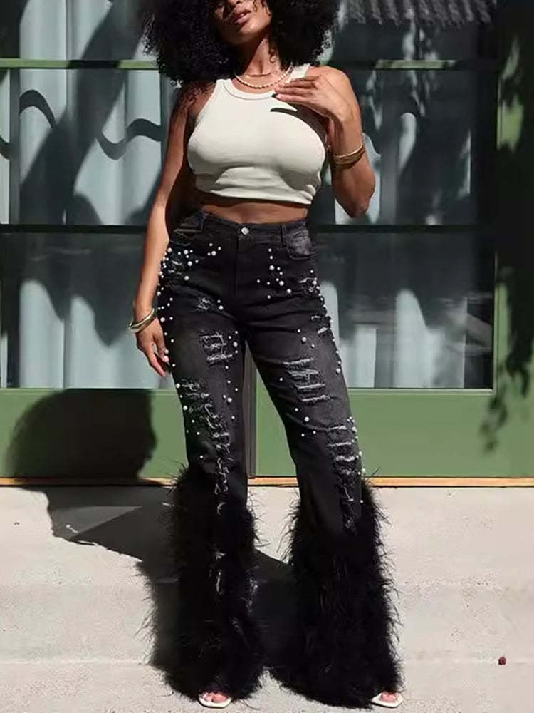 Feather Beaded Distressed Flare Jeans