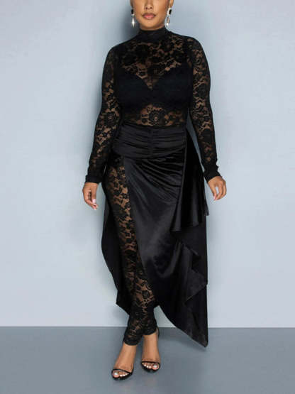 Two Piece Lace Jumpsuit Belted Cape Skirt Set