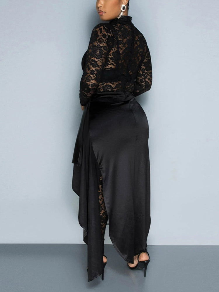 Two Piece Lace Jumpsuit Belted Cape Skirt Set