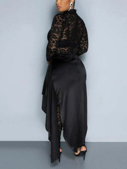 Two Piece Lace Jumpsuit Belted Cape Skirt Set