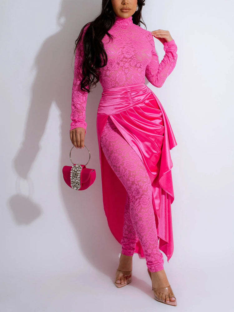 Two Piece Lace Jumpsuit Belted Cape Skirt Set