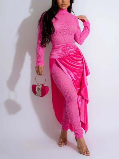 Two Piece Lace Jumpsuit Belted Cape Skirt Set