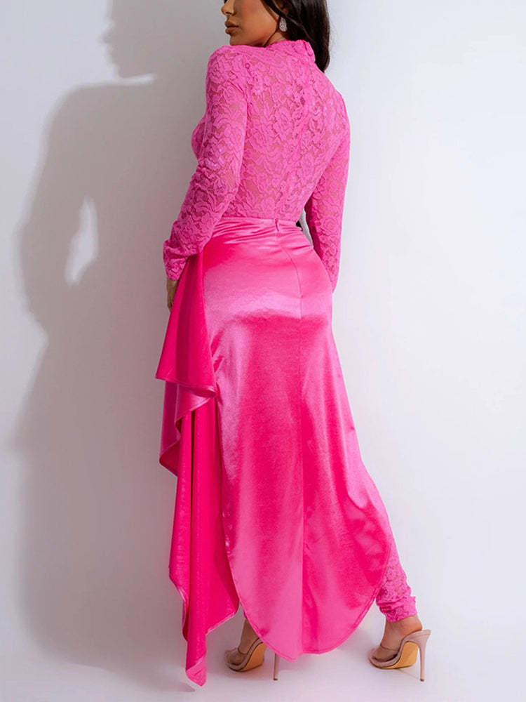 Two Piece Lace Jumpsuit Belted Cape Skirt Set