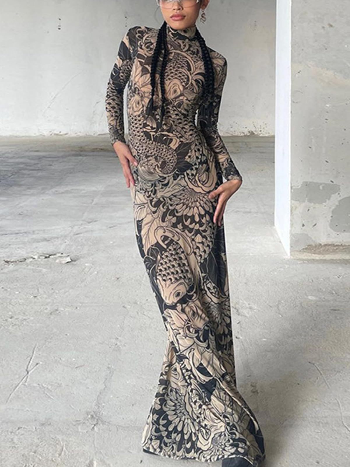 Mesh Print Long Sleeve Maxi Dress | Y2K Dress | Clubwear Dresses