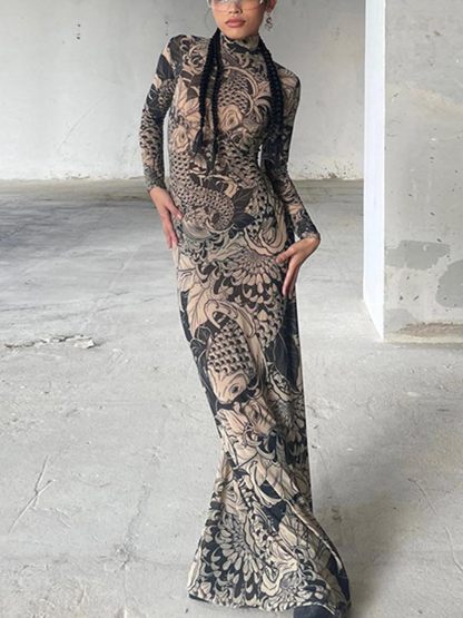 Mock Neck Mesh Print Maxi Dress