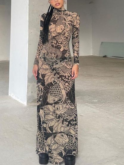 Mock Neck Mesh Print Maxi Dress