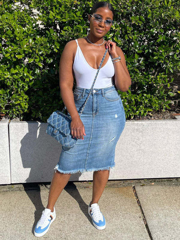 Denim Ripped Back Split Midi Skirts