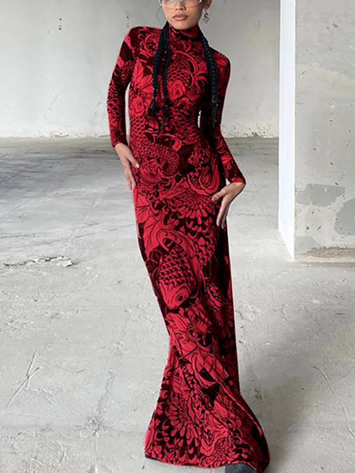 Mock Neck Mesh Print Maxi Dress