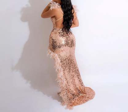 V Neck Sequin Feather Slit Maxi Dress