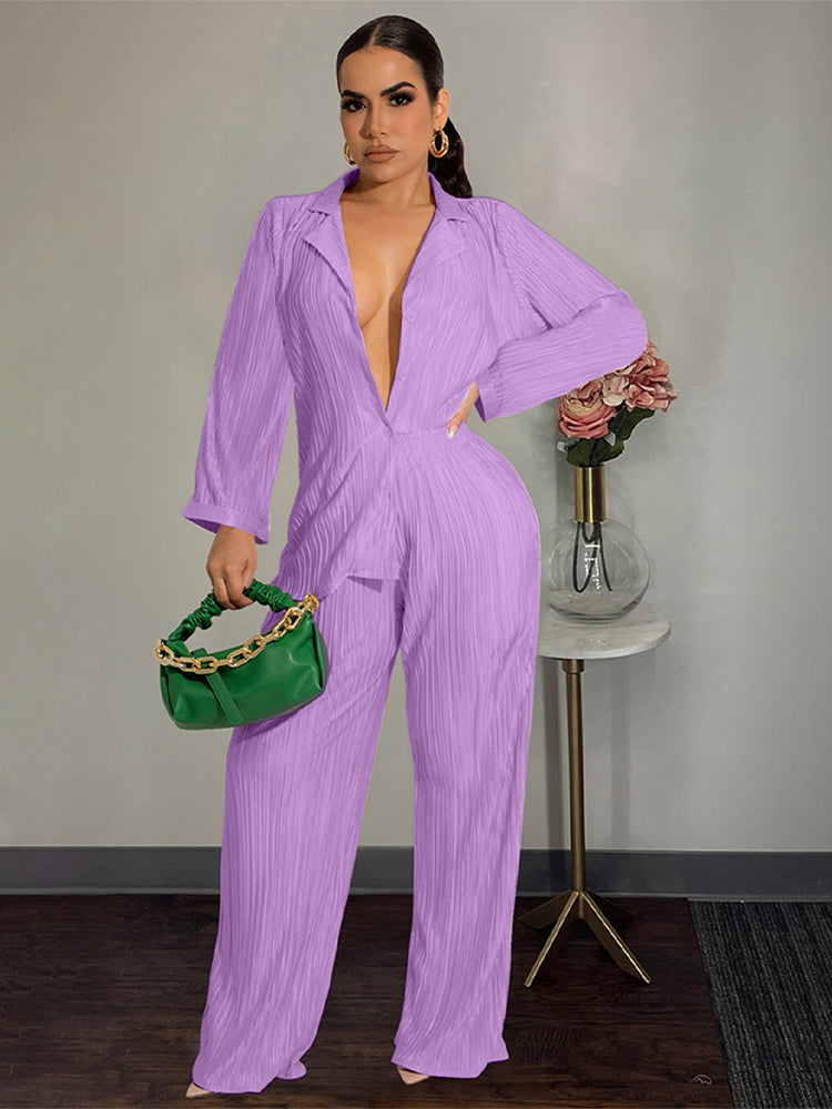 Two Piece Pleated Shirt Wide Leg Pants