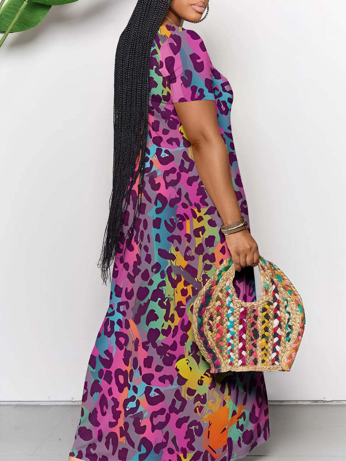 Short Sleeve Colorful Leopard Print Maxi Dress
