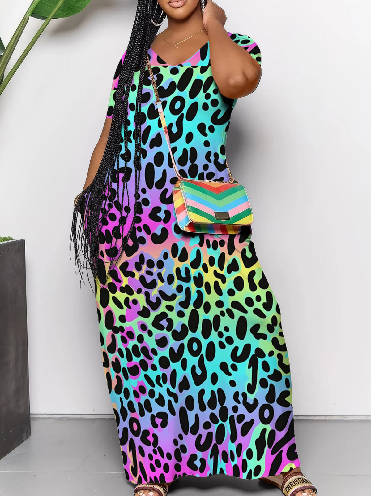 Short Sleeve Colorful Leopard Print Maxi Dress