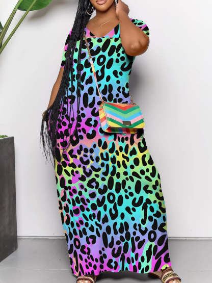 Short Sleeve Colorful Leopard Print Maxi Dress
