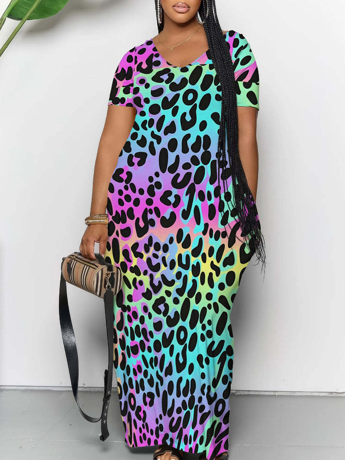 Short Sleeve Colorful Leopard Print Maxi Dress