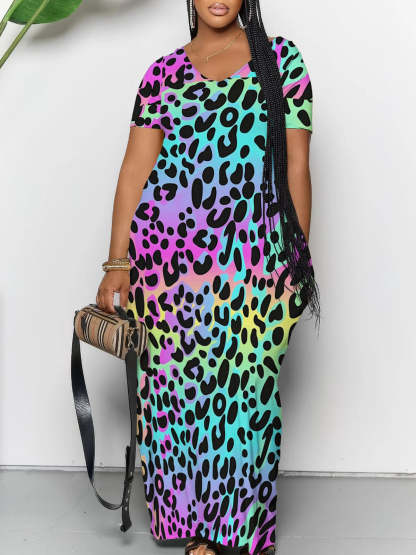 Short Sleeve Colorful Leopard Print Maxi Dress