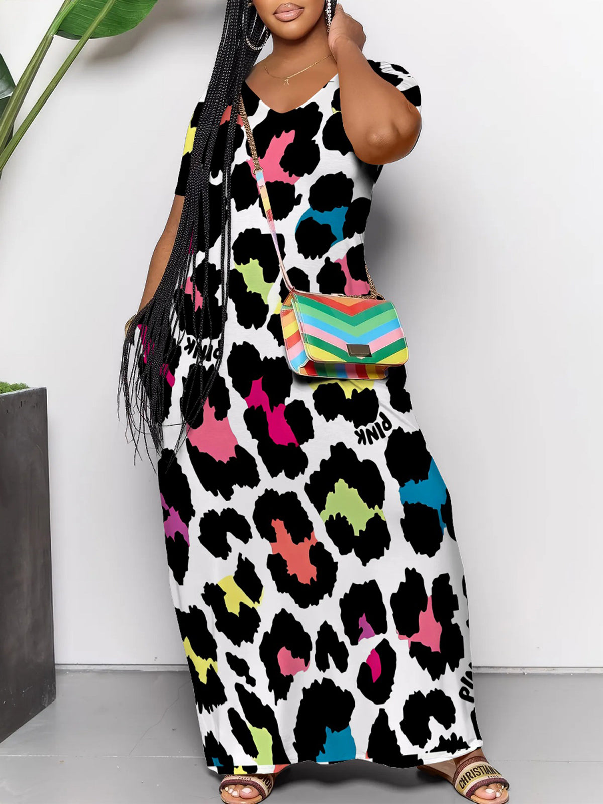 Short Sleeve Colorful Leopard Print Maxi Dress
