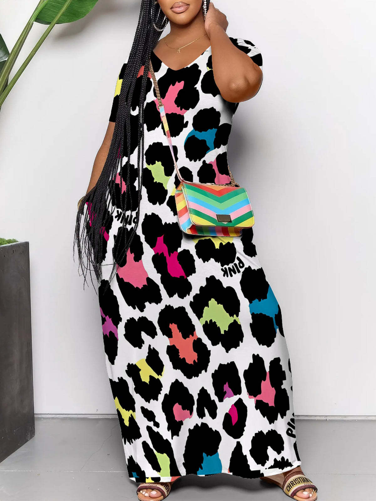 Short Sleeve Colorful Leopard Print Maxi Dress