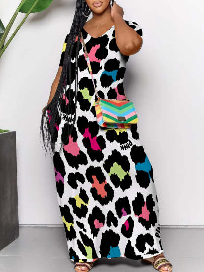 Short Sleeve Colorful Leopard Print Maxi Dress