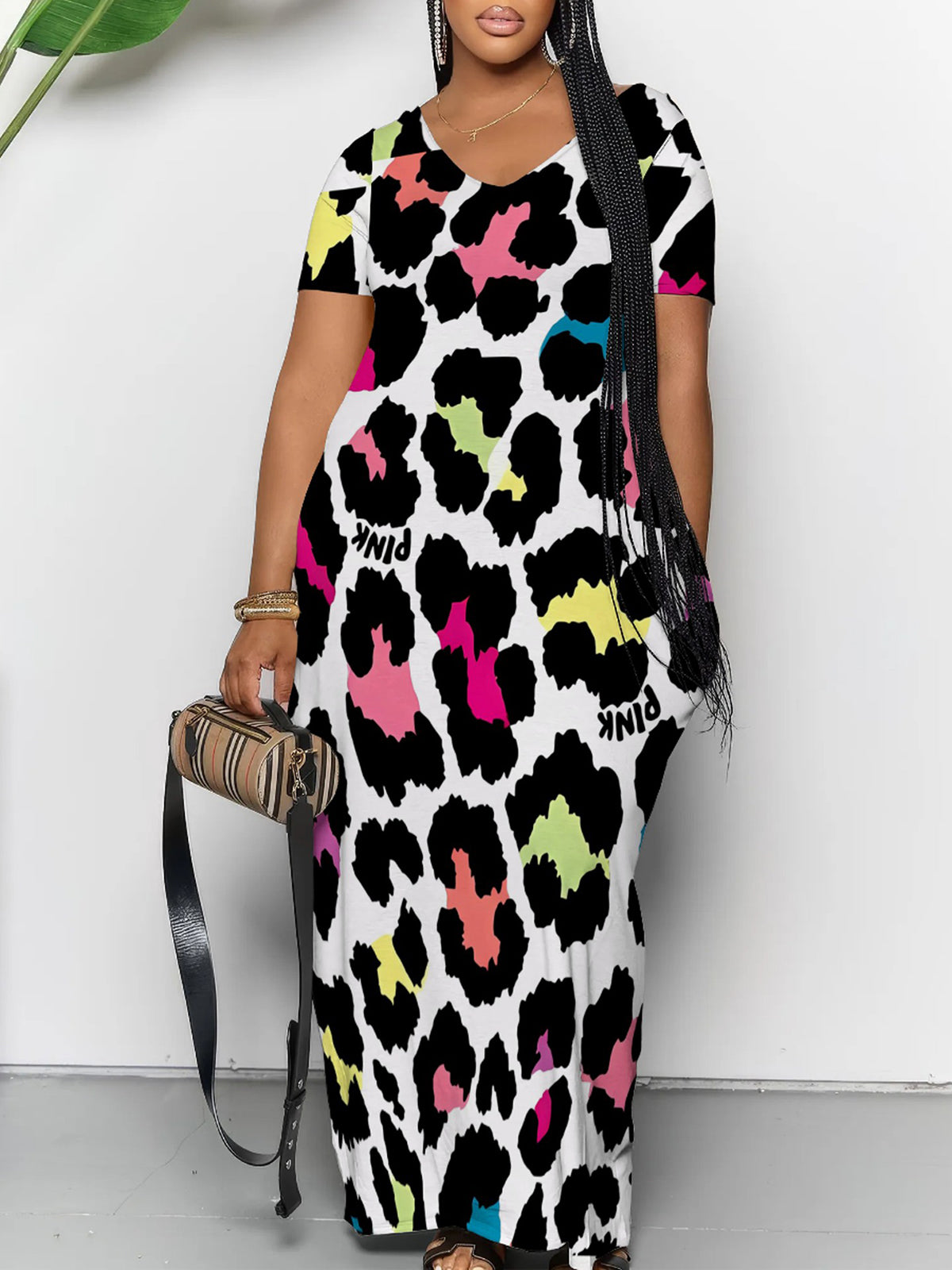 Short Sleeve Colorful Leopard Print Maxi Dress