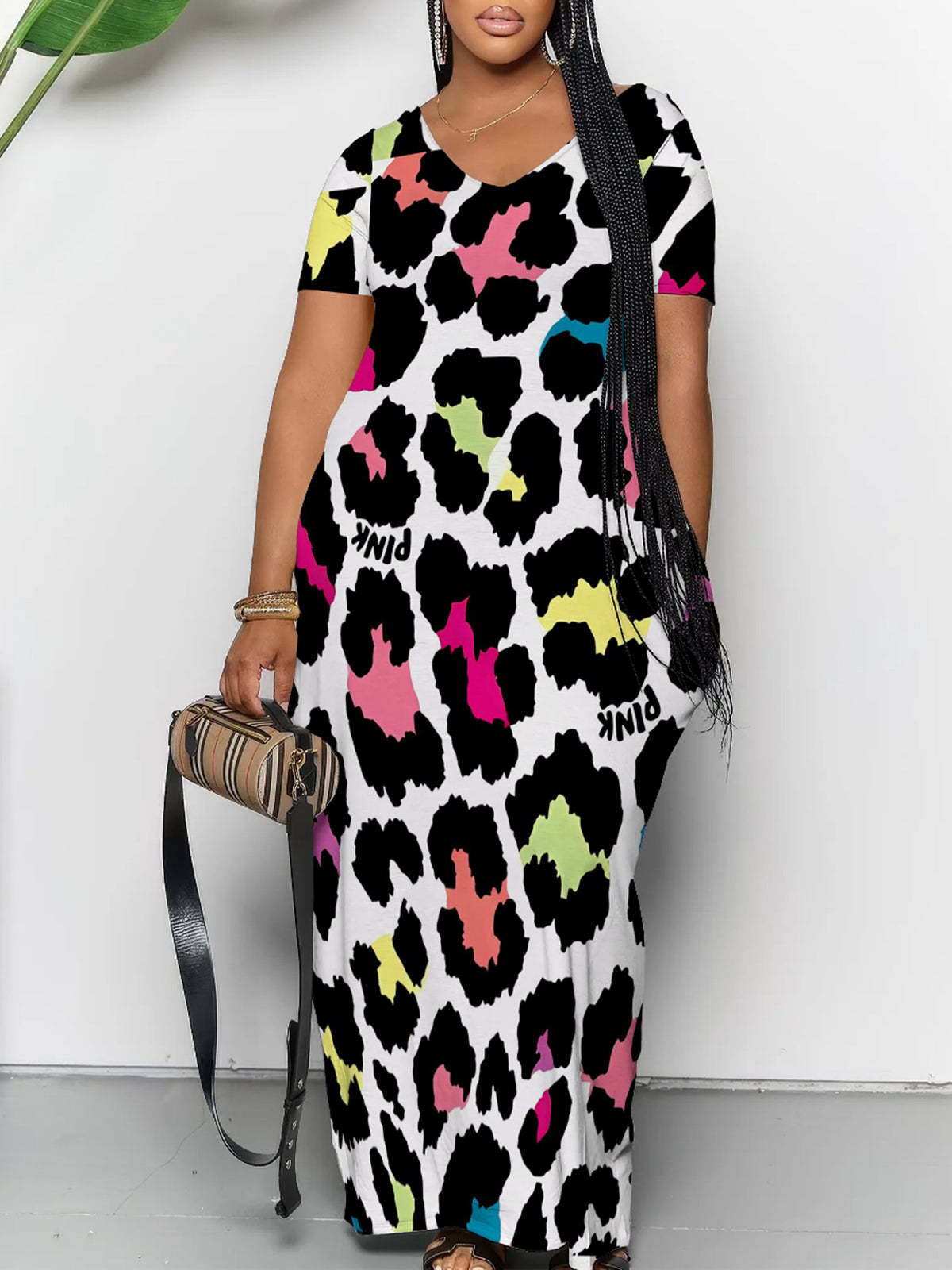 Short Sleeve Colorful Leopard Print Maxi Dress