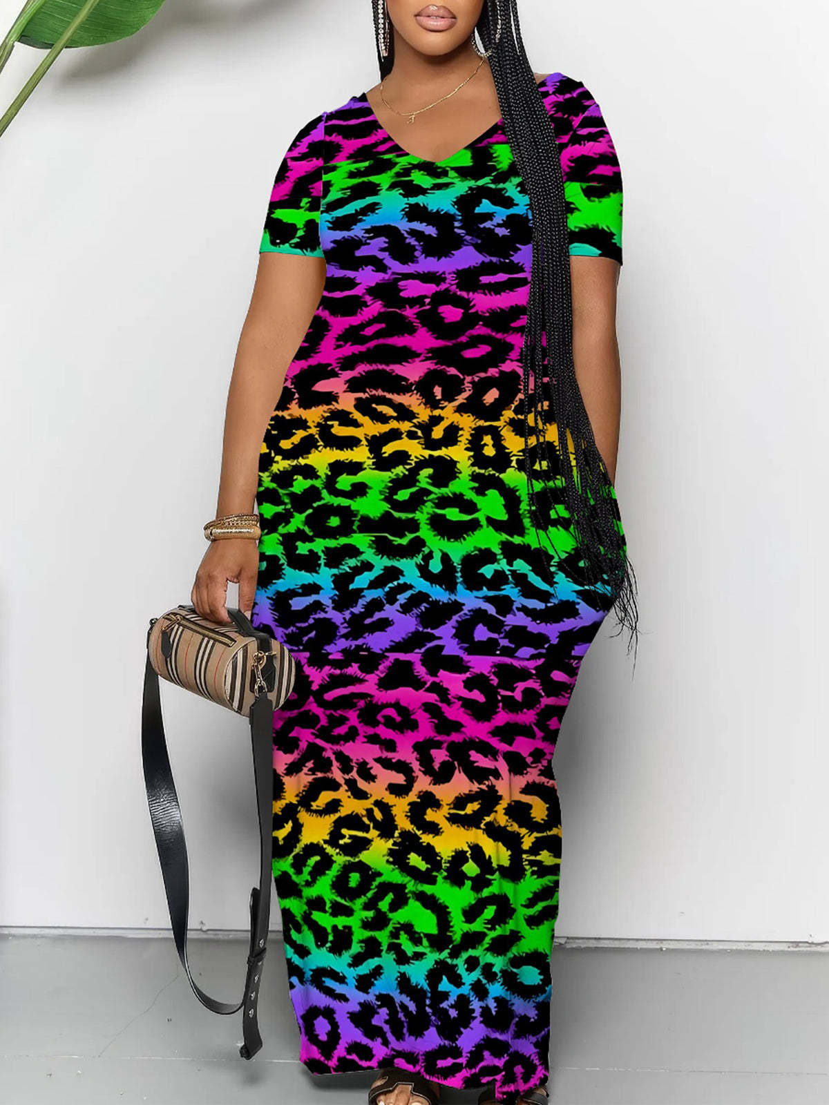 Short Sleeve Colorful Leopard Print Maxi Dress