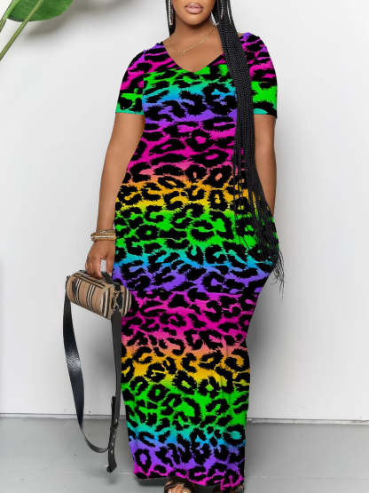 Short Sleeve Colorful Leopard Print Maxi Dress