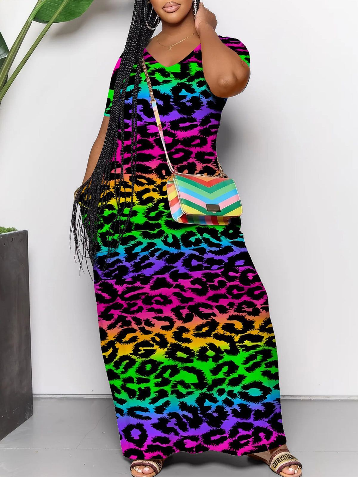 Short Sleeve Colorful Leopard Print Maxi Dress