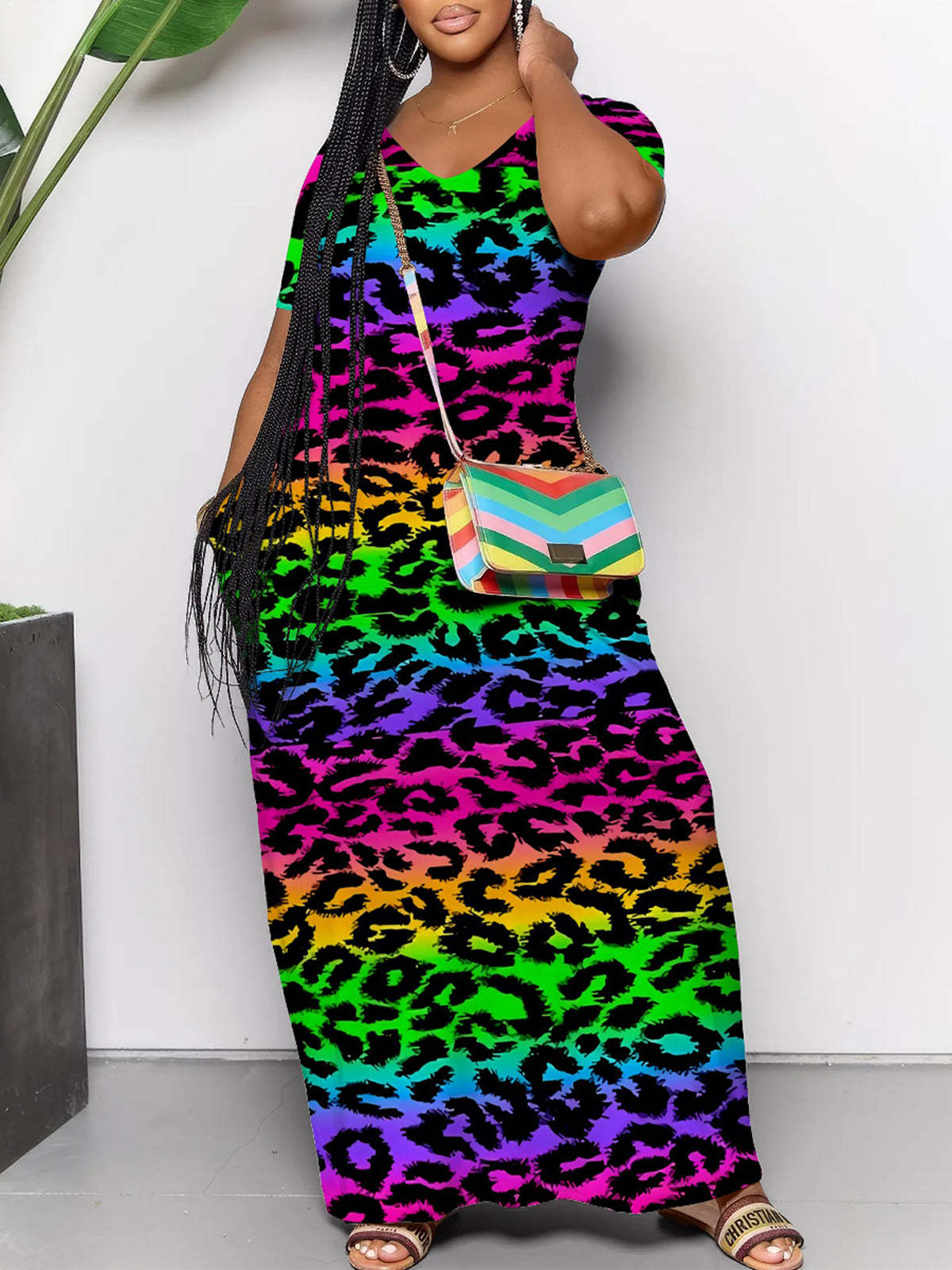 Short Sleeve Colorful Leopard Print Maxi Dress